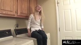 Skinny Blonde Teen Masturbations on Dryer Machine